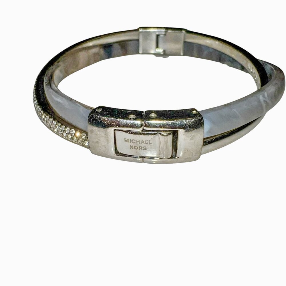 Michael Kors Silver Tone Gray and Pave Rhinestone Crystal Stones Bangle Bracelet - Picture 2 of 3
